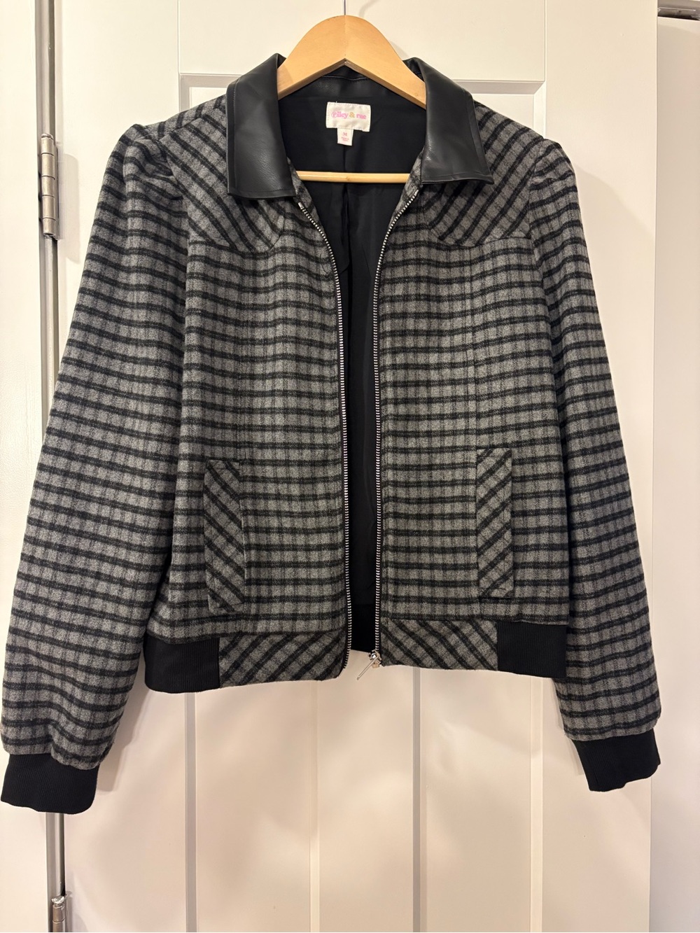 Riley & Rae Grey Plaid Bomber Jacket with Black Collar